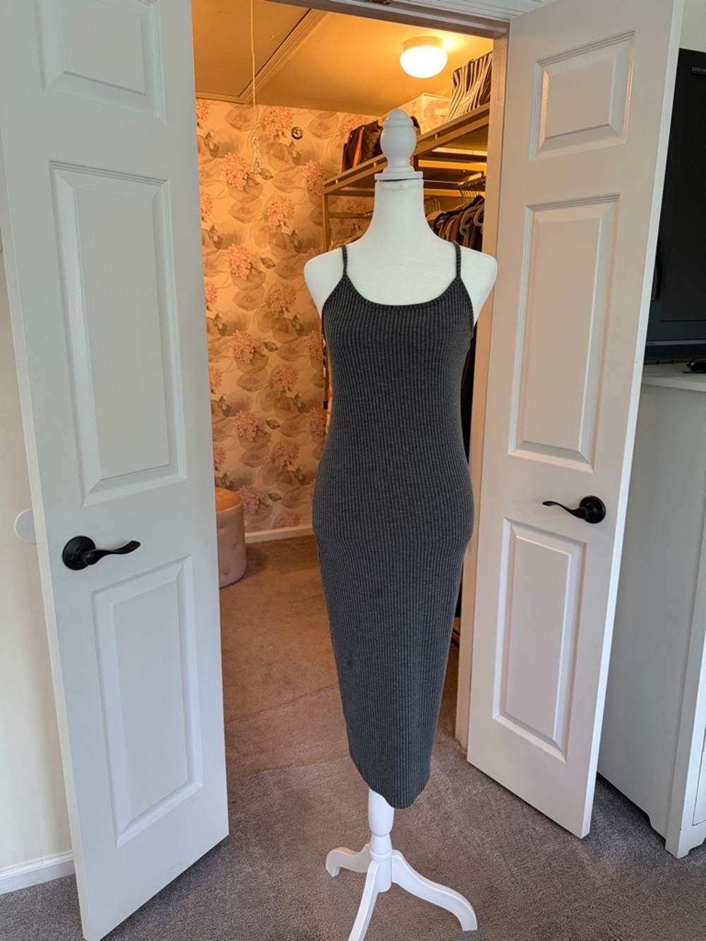 bp Charcoal Ribbed Knit Midi Dress with Spaghetti Straps
